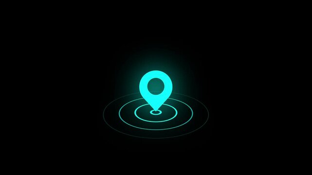 Location indicator and location icon animation. GPS icon in white color on black screen background.