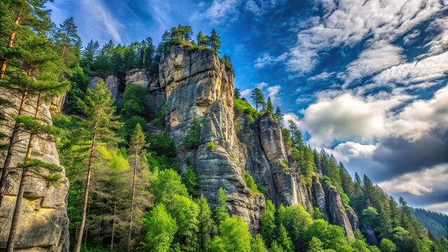 Low angle view of a cliff surrounded by lush forest in a mountain region - Powered by Adobe
