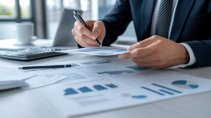 Businessman reviewing financial reports with graphs at the office.