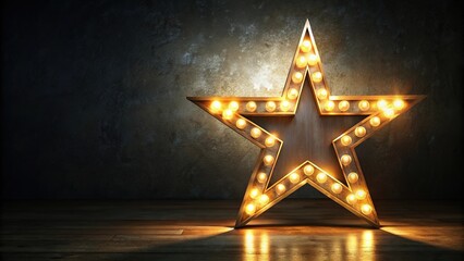Low angle view of a glowing star with light bulbs on dark background