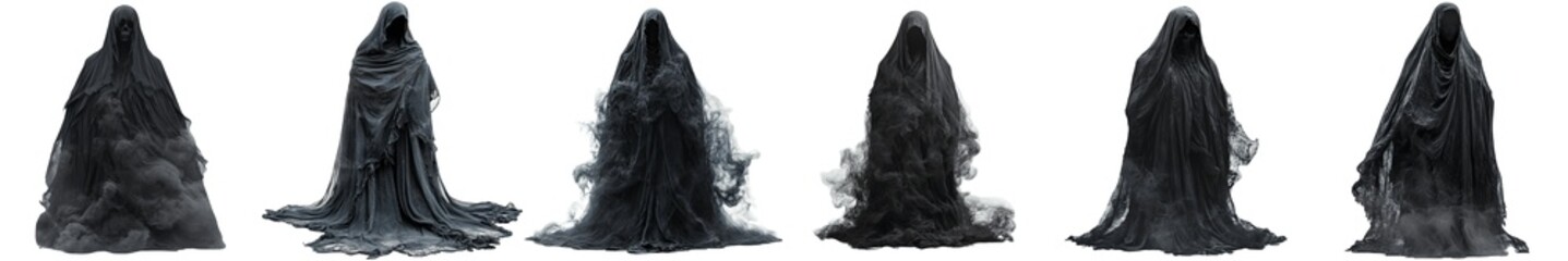 Fototapeta premium Haunting dark cloaked figures shrouded in swirling mist and shadows isolated on white background
