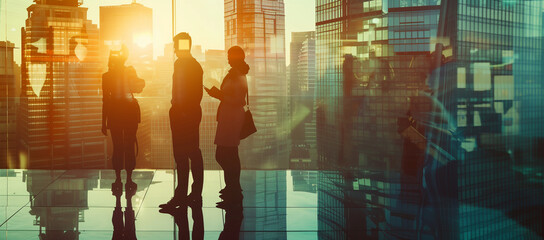 Corporate Professionals Collaborating in Office Building with Cityscape Silhouettes, Emphasizing Teamwork and Unity