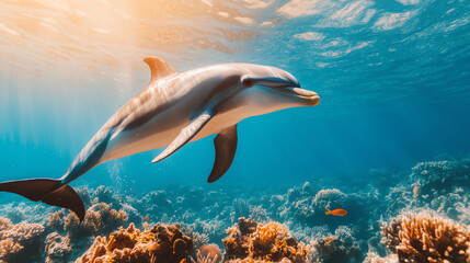 Obraz premium A playful dolphin gracefully swims through vibrant coral reefs under the shimmering sunlight, showcasing the beauty of marine life in its natural habitat.