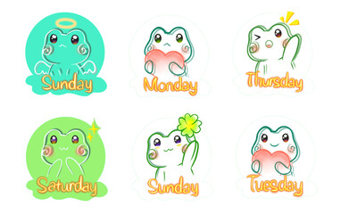 Cute frogs Sticker and icon with days of the week