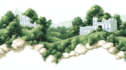 Blue and White Toile Patterned Cottage in a Lush Green Landscape