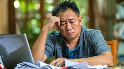 Focused businessman at desk with financial documents and laptop displaying earnings reports, conveying determination and attention to financial data analysis.