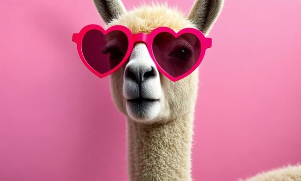 A llama wearing pink heart-shaped sunglasses, standing against a matching pink background, creating a playful and trendy look.