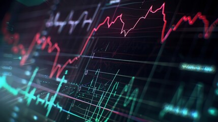 Fototapeta premium Close-up digital screen showing line graph with upward and downward trends, symbolizing cancer research progress and setbacks, medical charts and scientific symbols in background.