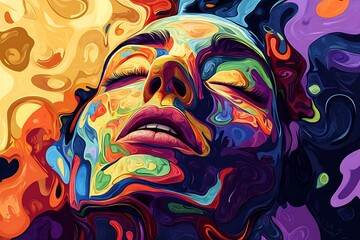 Fototapeta premium A surreal psychedelic portrait of a woman with closed eyes in swirling vibrant colors, representing peace, introspection, and creative abstraction.