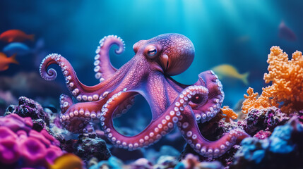 A vibrant octopus gracefully moves among colorful coral reefs, showcasing its unique textures and hues in a captivating underwater scene.
