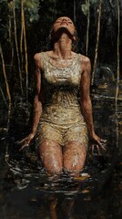 Woman in Water, Sunlit Forest - A Moment of Serenity