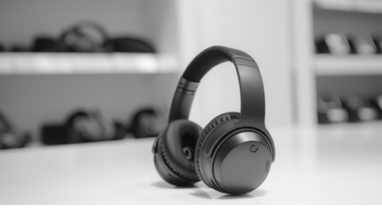 Sleek black headphones on white background, attractively positioned with slight tilt, symbolizing a sale, emphasizing modern design and audio technology.