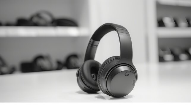 Sleek black headphones on white background, attractively positioned with slight tilt, symbolizing a sale, emphasizing modern design and audio technology.