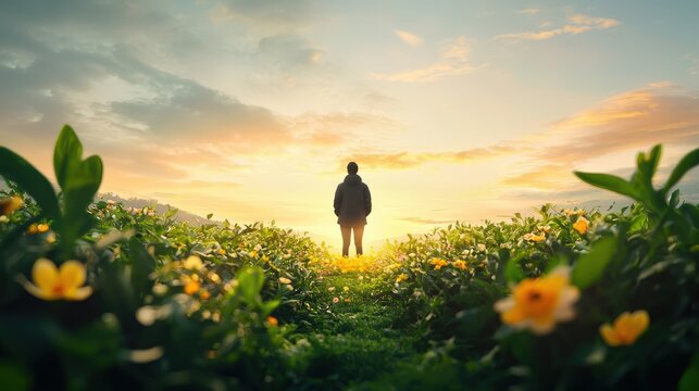 A person standing in a flower-filled, verdant garden, signifying the fullness of life.