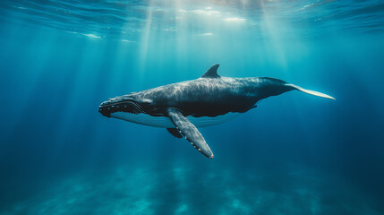 Fototapeta premium A majestic humpback whale gracefully swimming underwater, surrounded by shimmering blue light beams filtering through the ocean surface.