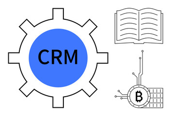 A blue gear with CRM text represents customer relationship management, accompanied by an open book and blockchain Bitcoin symbol. Ideal for business, technology, education, finance and digital