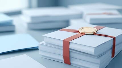Elegant gift box with red ribbon and seal on a desk, soft focus background.
