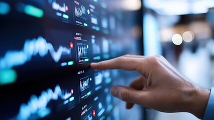 Finger pointing at financial data on a digital screen in an office setting.