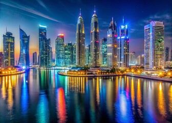 Obraz premium Stunning Night Panorama of Illuminated Dubai Downtown Bay Timelapse in 4K – Majestic Cityscape of the United Arab