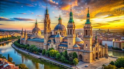 Fototapeta premium Stunning Panorama View of Basilica de Nuestra Senora del Pilar from Torre del Pilar in Zaragoza, Spain -