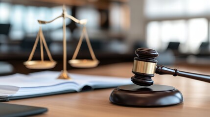 Gavel and scales on desk in law office, symbolizing justice and legal proceedings.