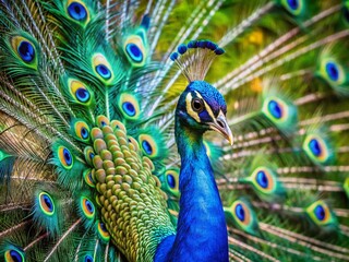 Obraz premium Stunning Peacock Displaying Vibrant Blue and Green Feathers in Nature's Splendor for Wildlife Photography Enthusiasts