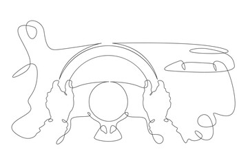 Continuous one line drawing driver's hands on the steering wheel of a car.Car dashboard.Car steering wheel.One continuous line isolated minimal illustration.