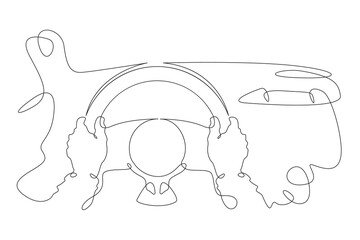 Continuous one line drawing driver's hands on the steering wheel of a car.Car dashboard.Car steering wheel.One continuous line isolated minimal illustration.