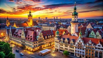 Obraz premium Stunning Sunlit Views of Leipzig Cityscape in Germany Showcasing Historic Architecture and Vibrant Urban Life