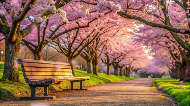bench in the middle of a cherry tree garden with falling leaves