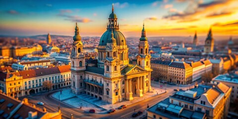 Fototapeta premium Stunning Tilt-Shift Photography of St. Stephen's Basilica in Budapest at Sunset with Warm Winter Colors