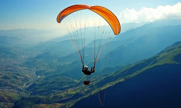 A man flies a paraglider over a green meadow on a mountain
