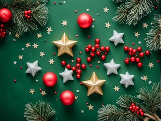 Magnificent Christmas decor to enjoyable party. Top view of gleaming balls, star-shaped candles, scattered confetti, frosted pine branches, festive holly berries on verdant backdrop with text space
