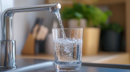A modern water purification system with sparkling clean water being poured into a glass, representing health and freshness