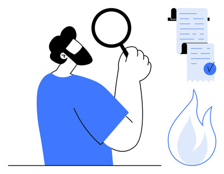 A person holding a magnifying glass closely examines documents beside a burning paper icon. Ideal for audit, investigation, scrutiny, document review, risk management