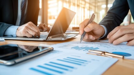 Hands working on a laptop with charts and graphs on a desk in a modern office.