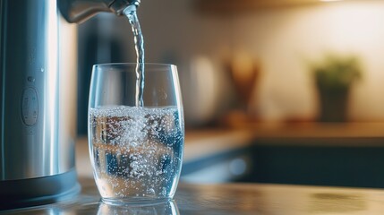A modern water purification system with sparkling clean water being poured into a glass, representing health and freshness