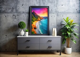 Stylish Poster in Black Vertical Frame on Concrete Wall Above Dresser Mockup for Modern Home Decor Inspiration