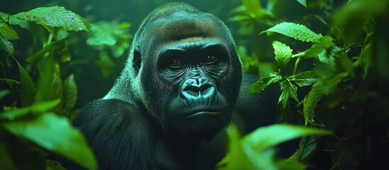 A close-up of a gorilla's face peering out from behind lush green foliage in a rainforest setting.