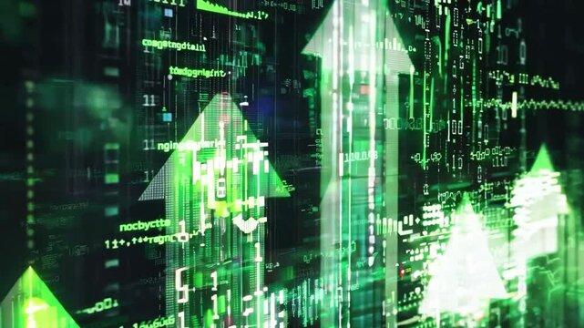 Abstract green arrows representing growth and progress against a digital background, ideal for finance or technology themes.