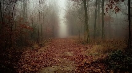Obraz premium A misty forest path covered in autumn leaves, evoking a sense of mystery and tranquility.