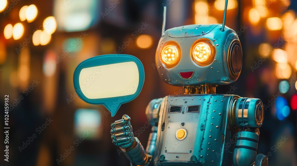 Poster building chatbots for businesses. a robot holding a chat bubble symbolizes how these ai-powered bots