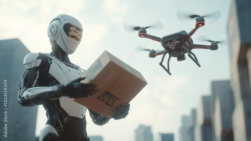 Poster a robot or cyborg uses a virtual map to launch a drone, delivering packages automatically. this futu