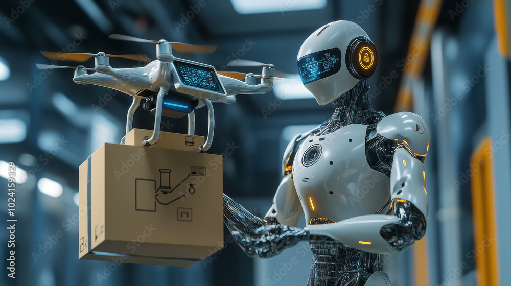 Poster a robot or cyborg uses a virtual map to launch a drone, delivering packages automatically. this futu