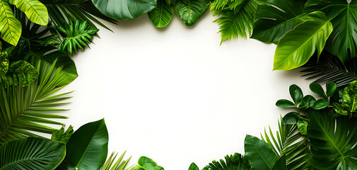 Lush green leaves arranged in a decorative frame on a light background.