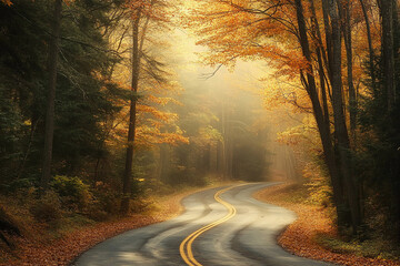 Obraz premium Serene Autumn Road with Warm Sunlight and Fog: Winding Path Through Evergreen Trees and Fall Foliage