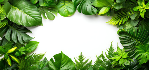 Fototapeta premium Lush green leaves framing a white isolate background for design usage.