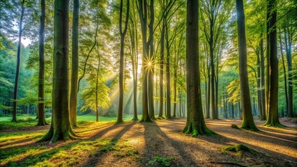 Fototapeta premium Tall trees with slender trunks and triangular leaves rise gracefully in a vibrant, lush landscape, creating a serene atmosphere that invites quiet