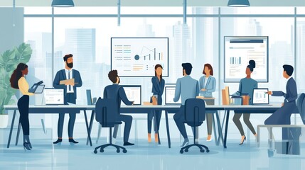 Business people in office vector design, collaborating on projects at desks and in meeting areas