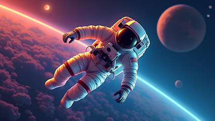 Colorful Illustration of an Astronaut Floating in Space Rainbow Spacewalk